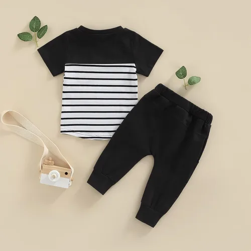 Vista 7 de Amiblvowa Conjunto de ropa de 2 piezas para bebé y niño de manga larga a rayas camisas pantalones largos para correr otoño e invierno