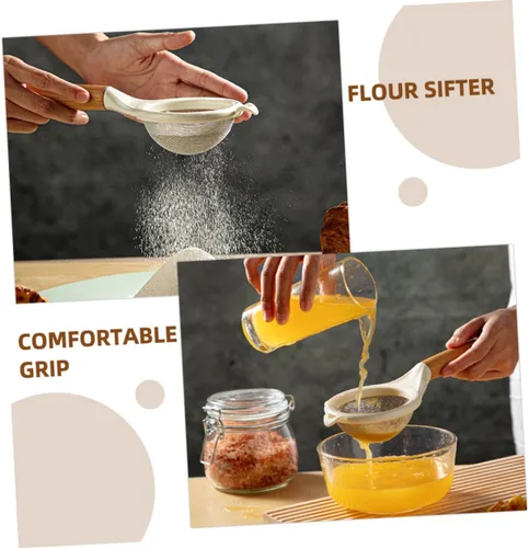 Vista 5 de Tamiz de harina de malla fina con mango de madera, pequeño tamiz de acero inoxidable para hornear azúcar en polvo, sal de cacao, filtro de cocina