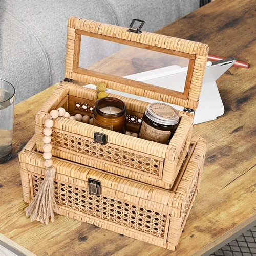 Vista 7 de HUAXIN CRAFT H Caja decorativa de ratán con tapa, rectangular tejida con vidrio para exhibición, juego de 2 mimbre para decoración