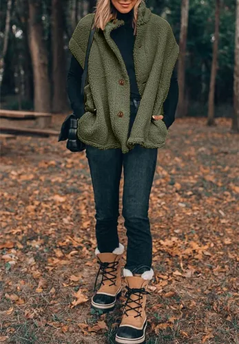 Vista 29 de Hongqizo - Chaleco de forro polar mullido para mujer, casual, de gran tamaño, cálido, con botones, chaqueta de sherpa con bolsillos