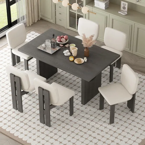 Vista 13 de Elegante juego de mesa de comedor de cocina de 6 piezas, mesa rectangular de madera y 4 sillas copetudas de respaldo alto y 1 banco, juego de mesa
