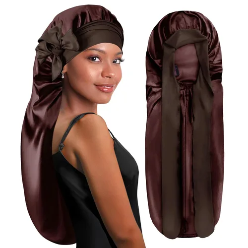 Vista 16 de BONNET QUEEN Gorro de Trenza de Seda Gorro Plegable Extra Largo para Trenzas con Banda de Atar, Capó de Satén Largo para Dormir, Verde Oscuro