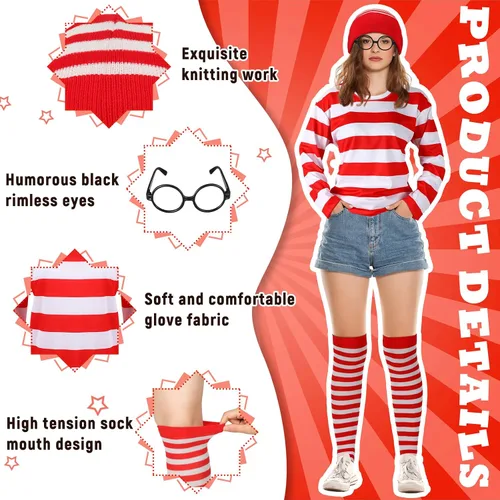 Vista 5 de Hicarer 7 piezas de Halloween Cosplay camisa de rayas rojas y blancas para adultos, hombres y mujeres, disfraces de Halloween, sudadera con gafas
