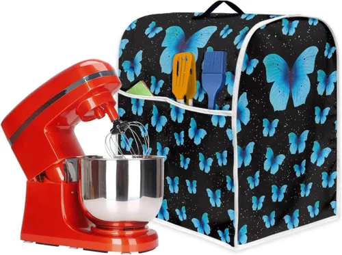 Vista 6 de Veniyate Cubierta de mezclador de ayuda de cocina con estampado de mariposas azules, a prueba de polvo, con bolsillos de almacenamiento de Mariposa