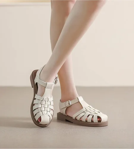 Vista 6 de Zycgh Sandalias de cuero tejidas a mano para mujer para el verano de 2023 - Zapatos para caminar blancos y negros lindos y modernos con soporte