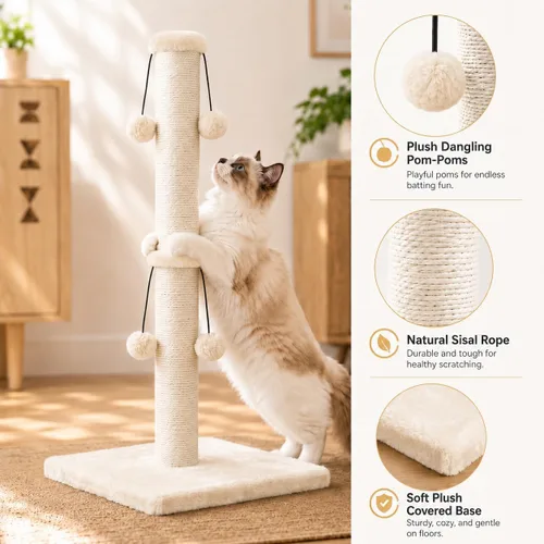 Vista 3 de Dimaka Poste rascador para gatos de 34 pulgadas, Poste rascador para gatos, Rascador para gatos grandes con pelota de juguete tentadora, Sisal Beige