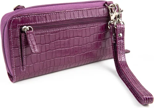 Vista 4 de WalletBe - Cartera de cuero con cremallera RFID doble para mujer con pulsera Croco, Púrpura, Cartera RFID