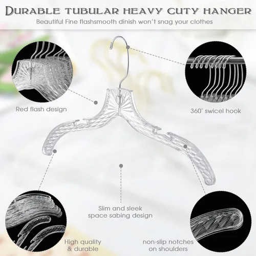 Vista 3 de Roowest 40 perchas de plástico transparente para ropa a granel de 17 pulgadas, duraderas con corte de cristal, perchas resistentes con clips