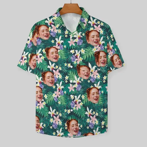 Vista 3 de Camisa hawaiana personalizada con caras, camisa hawaiana de manga corta para hombre, diseño floral tropical para novio, marido, hijo