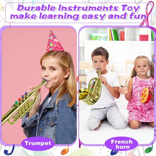 Vista 5 de Treela Juego de 4 instrumentos musicales para niños, clarinete de juguete saxofón, trompeta y trompeta para principiantes con más de 10 teclas