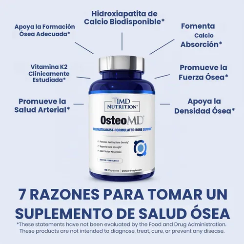 Vista 2 de 1MD OsteoMD para apoyo integral óseo con hidroxiapatita de calcio, vitamina D3 y K2 90 cápsulas
