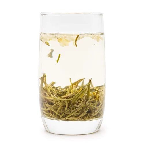 Vista 4 de Oriarm Té de jazmín Bi Tan Piao Xue 2023 Hoja suelta – Té verde chino Mao Feng con flores de jazmín – Yuqian 1er grado 100g (3.53oz) Bolsa