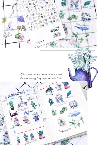 Vista 5 de Kawaii - Juego de calcomanías con diseño de plantas verdes y flores, paquete de calcomanías para álbumes de recortes, diario, diario, agenda