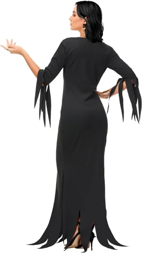 Vista 7 de AOBUTE Disfraz de Morticia de Halloween para mujer, vestido largo ajustado con cuello en V