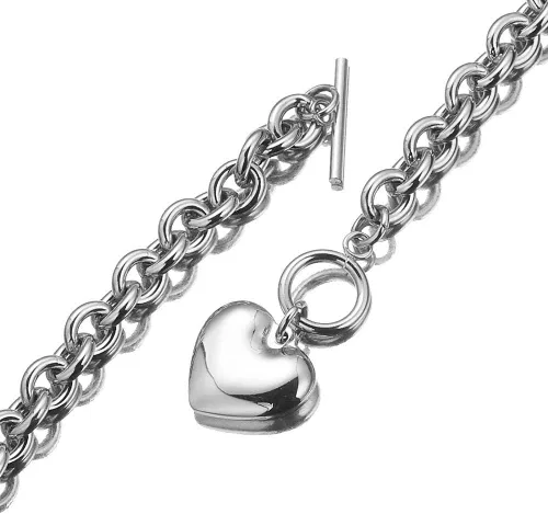 Vista 4 de Juego de collar y pulsera con dije de corazón, collar y cadena de acero inoxidable dorado y plateado con dije de corazón con cierre de palanca