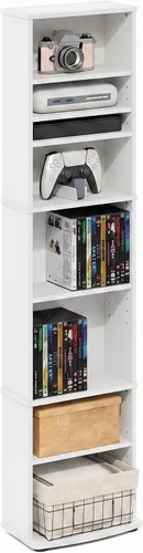 Vista 17 de Furinno Jaya - Estante de DVD estrecho de 8 niveles de alto, estante multimedia con estantes ajustables, armarios de almacenamiento de DVD para CD
