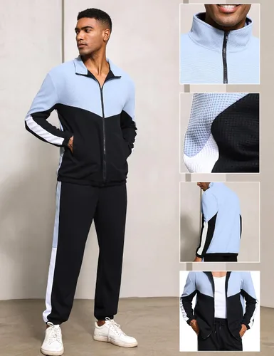 Vista 3 de Babioboa Chaqueta y pantalones de punto gofre para hombre, manga larga, con cremallera, contraste, entrenamiento, Varsity para correr, entrenamiento