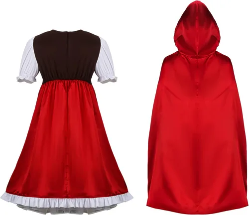 Vista 4 de ZIFUNMUR Little Red Riding Hood Costume Dress Cape Cloak Outfit Girls Kids Halloween Cosplay Party Fancy Dress Up Props