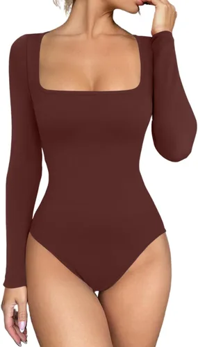 Vista 18 de Meyeeka Body sexy sin costuras para mujer con cuello cuadrado, manga larga