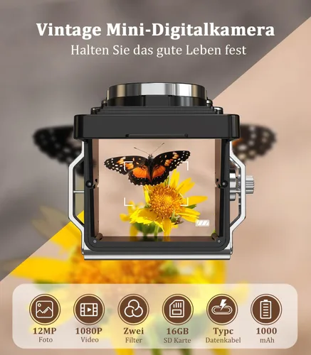 Vista 2 de Cámara digital retro de Chuzhao, cámara vintage portátil estilo TLR de doble lente, 12MP con enfoque automático, 1080P FHD, cámara de apuntar