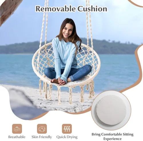 Vista 7 de Tangkula Silla hamaca con cojín, estilo bohemio de macramé con kit de accesorios para colgar y correa, columpio de cuerda colgante para interiores