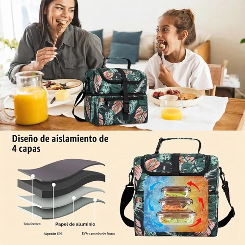 Vista 6 de PBRO Lonchera térmica de doble cubierta para mujer, lonchera grande reutilizable con cinturón de hombro ajustable, bolsillos laterales, lindas hojas