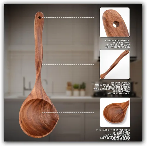Vista 4 de Juego de cucharas de madera, 3 tamaños de cuchara de sopa grande de teca, cucharas de madera para cocinar, cuchara de servir, cucharas de madera