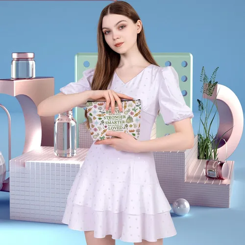 Vista 5 de MEIKIUP Bolsa de maquillaje de rana, bolsas de cosméticos de viaje de rana, eres más valiente más fuerte de lo que piensas bolsa con cremallera