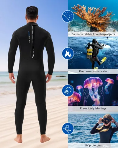 Vista 6 de Traje de neopreno para hombre, traje de buceo de 3 mm con cremallera trasera completa para natación Diving Suits Keep Warm in Cold Water for Water