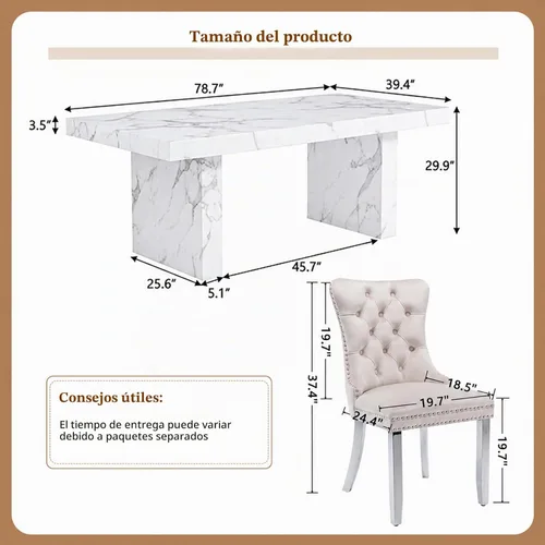 Vista 3 de Ebullient 79" White Dining Table Set for 8, Faux Marble Table & 8 Chairs Cream Chairs