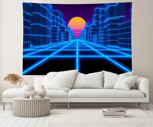 Vista 4 de Telón de fondo de paisaje cibernético de 5 x 3 pies, ciudad azul, retro, futurista de los años 80, neón Cyberpunk, fondo de cuadrícula láser, fondo