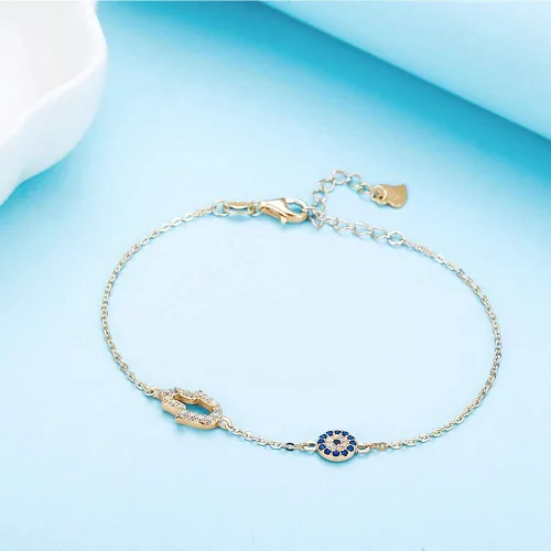 Vista 4 de Hamsa Hand of Fatima Evil Eye Bracelet Sterling Silver 925 Blue Cubic Zirconia Chain Adjustable 6.5"+1.5