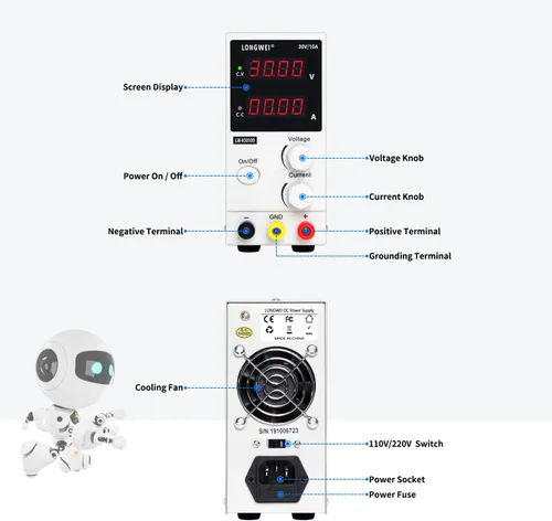 Vista 3 de LONGWEI Fuente de alimentación CC variable 30V 10A, pantalla LED 4-digital, fuente de alimentación de conmutación regulada ajustable de precisión