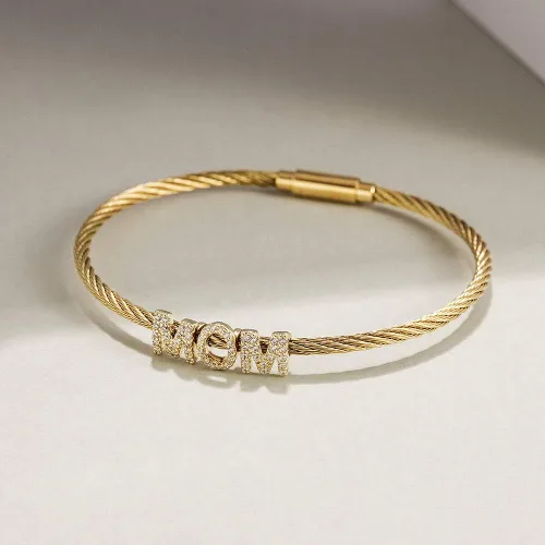 Vista 5 de Gold Cable Wire Bangle with MOMBLESSEDLOVED Bracelets for Women Stainless Steel Twisted Cuff Bracelet for Adults Fashion Jewelry Gift for Mom