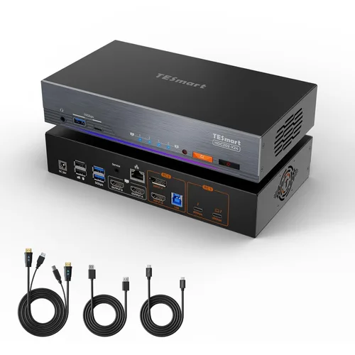 Vista 10 de (con DisplayLink) TESmart 4K a 60Hz KVM Switch 3 monitores para 1 MacBook y 1 computadora de escritorio, KVM de triple monitor MST y EDID con PD