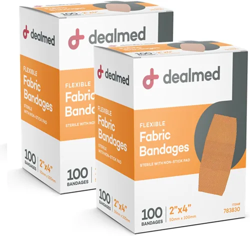 Vista 5 de Dealmed Vendajes Adhesivos Flexibles de Tela – 50 Unidades (1 Paquete) Vendajes con Almohadilla Antiadherente, Sin Látex, Cuidado de Heridas