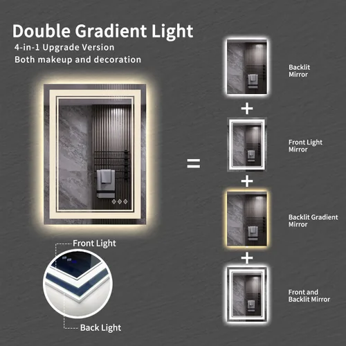 Vista 4 de Espejo LED para baño de 20 x 28 pulgadas con frente degradado y luz LED, espejo retroiluminado para baño, 3 colores, CRI > 90, espejo de baño