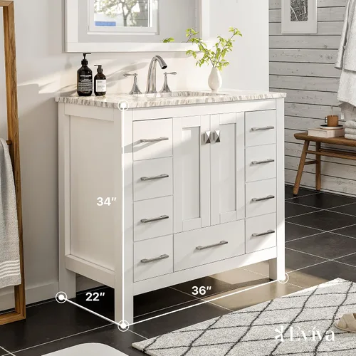 Vista 3 de Eviva Combo de tocador y lavabo de baño con acabado blanco de 36 pulgadas, tocadores de baño blancos de madera maciza de 36 pulgadas con parte