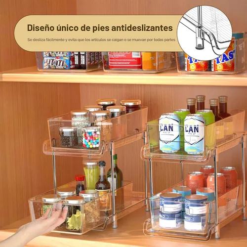 Vista 7 de HIHEGD Organizador de Almacenamiento de Baño de 2 Niveles con Separadores, Transparente, Extraíble Debajo del Fregadero para Cocina, Despensa