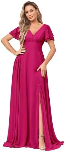 Vista 7 de Flutter Sleeves Bridesmaid Dresses for Women Chiffon V-Neck Pleated Formal Dress with Pockets Slit