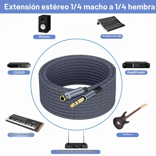 Vista 6 de Cable de guitarra estéreo de 1/4 de pulgada y 10 pies, macho a hembra, extensión de auriculares de un cuarto de pulgada Gris