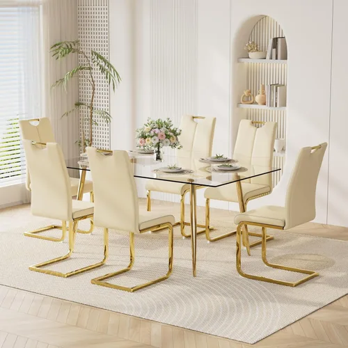 Vista 26 de Juego de mesa de comedor moderno de 51 pulgadas para 4 mesas rectangulares de cristal con 4 sillas tapizadas de cuero, asientos 4 ideales para Beige