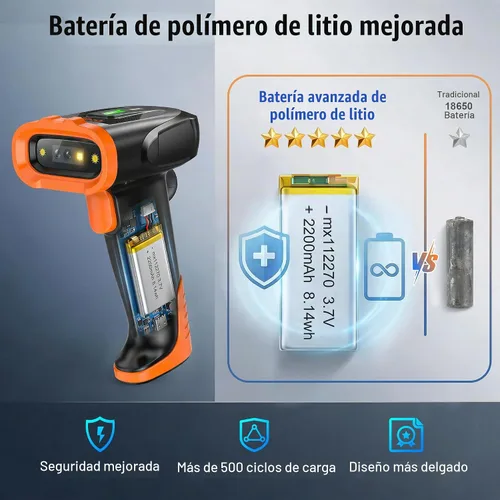 Vista 2 de Tera Escáner de código de barras inalámbrico de mano: con batería de polímero de litio de 2200 mAh funciona con Bluetooth 2.4G inalámbrico USB
