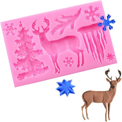 Vista 4 de Moldes de silicona con diseño de copos de nieve de alces 3D para fondant de alce rosa chocolate, molde de silicona de Navidad para decoraciones