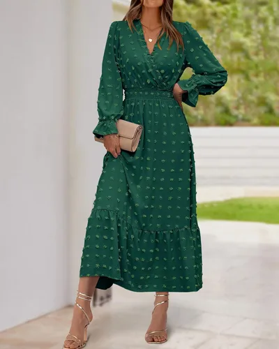 Vista 3 de BTFBM Vestidos de otoño 2023 para mujer, manga larga, cuello en V, lunares suizos, vestido largo bohemio, vestido largo de cintura alta, vestido