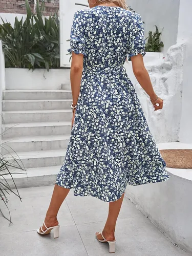 Vista 2 de MakeMeChic Vestido midi de verano con cuello en V y mangas abombadas florales para mujer con cinturón