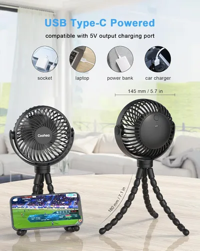 Vista 6 de Coohea Ventilador de cochecito con clip para bebé, funciona con batería recargable de 4000 mAh, trípode flexible, 3 velocidades de viento, rotación