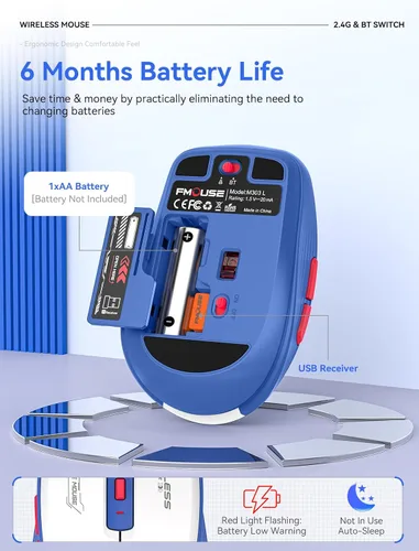 Vista 4 de Ratón inalámbrico azul blanco, Bluetooth de doble modo y 2.4G, botones laterales Receptores USB-A y USB-C Clic silencioso DPI de 4 niveles