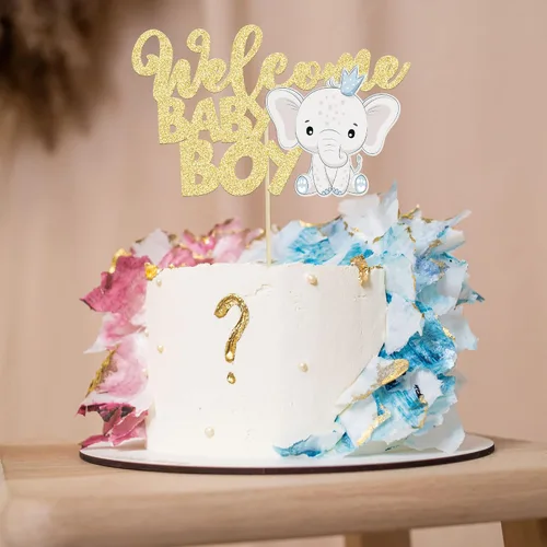 Vista 4 de Gyufise 1 pieza de decoración de pastel de bebé con purpurina dorada para baby shower, elefante para pasteles, decoración para recién nacidos
