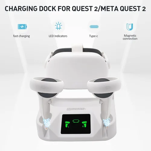 Vista 2 de Estación de carga VR para Oculus Quest 2Meta Quest 2, base de carga magnética Ysokk con 2 baterías recargablescargador USB-C y cable